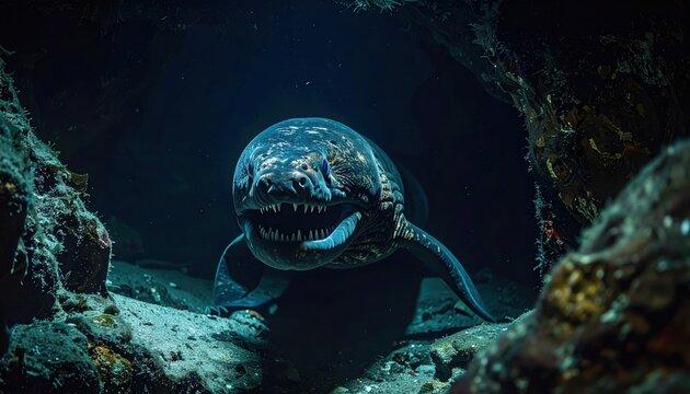 Fierce Moray Eel With Sharp Teeth Emerging From Its Rocky Underwater Lair