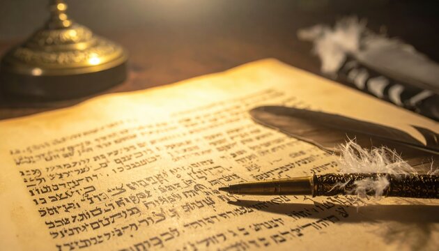 Ancient Hebrew Script Hand-Inked on Parchment with a Quill Pen