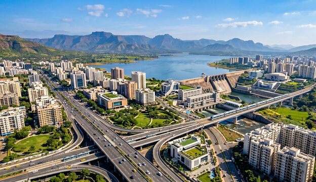 An illustration of a city view with a busy toll road, with a dam next to the city which is bright during the day, with a view of the mountains which complements the elements in the image.