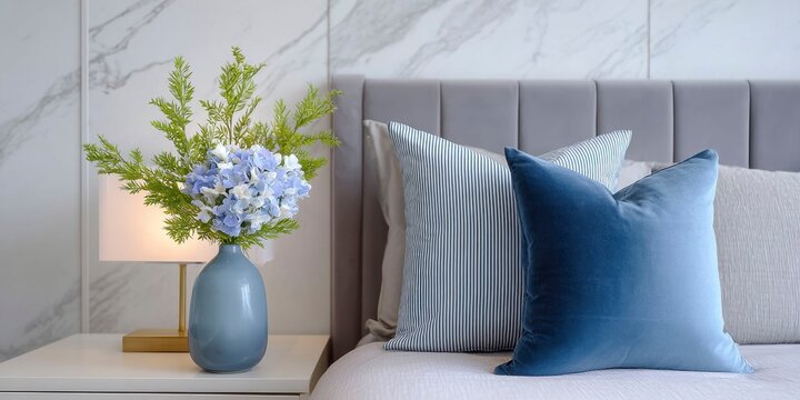 modern bedroom with marble wall panels, soft grey velvet headboard and blue pillows, warm ambient lighting, luxurious bed in neutral tones