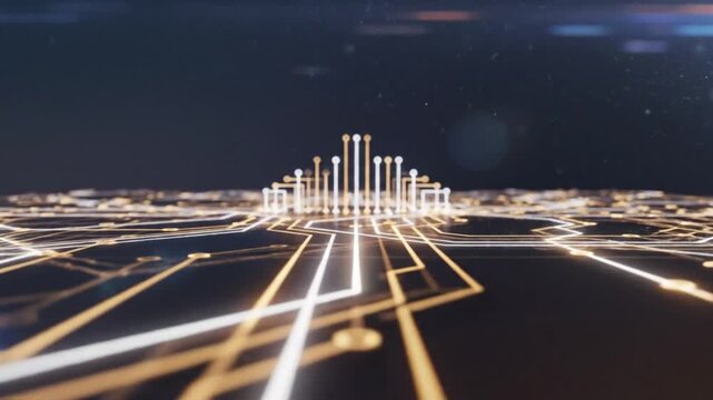 Abstract glowing circuit board lines representing data flow and advanced technology tech