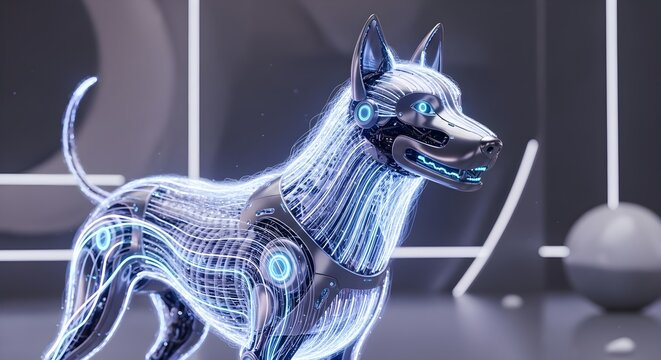 Cybernetic dog in a futuristic room.