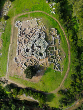 Aerial view of Nuraghe Genna Maria, a Nuragic archaeological site in Sardinia, Italy