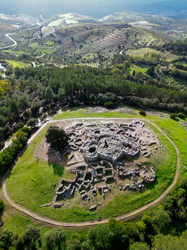 Aerial view of Nuraghe Genna Maria, a Nuragic archaeological site in Sardinia, Italy