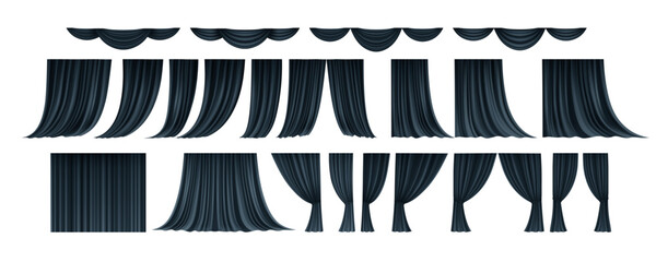 Elegant black silk curtain with realistic fabric folds. Luxury drapery for stage design, theater backdrop, or reveal presentation. 3D isolated object on white © vik_y