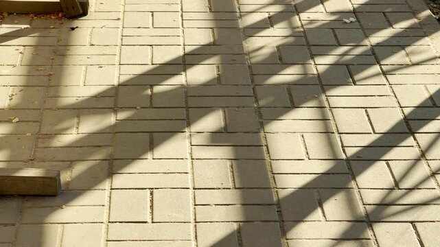Sunny morning light stretches through a temporary wooden walkway structure onto a brick sidewalk. Distant traffic and urban activity combine to create a faint, low-frequency background hum