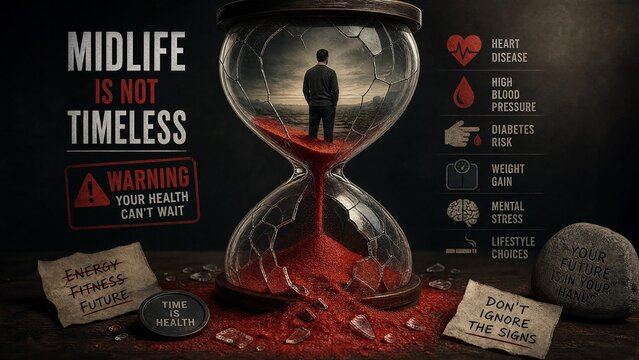 A cracked hourglass with red sand, symbolizing urgent health warnings in midlife.