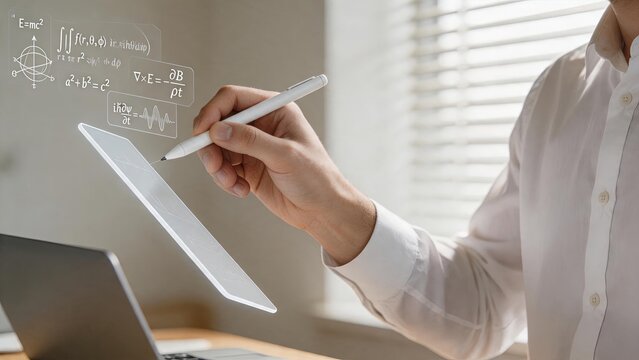 Hand writing complex mathematical equations and physics formulas on transparent digital tablet, science education and research concept, academic study of calculus, geometry and
