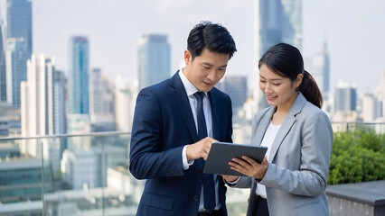 Obraz premium Asian Business Professionals Reviewing Tablet Outdoors in Urban Business District