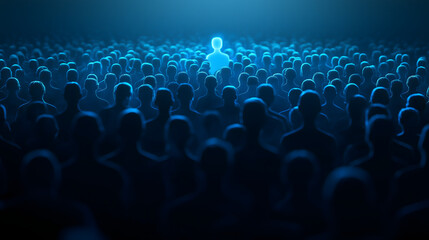 Obraz premium A glowing blue silhouette stands out in a crowd of people.
