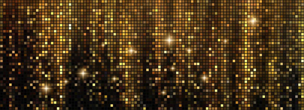 Golden disco ball with glittering dots creates radiant black pattern background illustration. Sparkling circles and confetti bursts add premium party atmosphere with luxurious shine