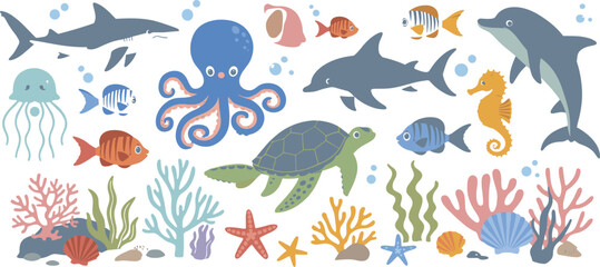 Collection of colorful cartoon ocean animals and underwater plants illustration © Ringkon