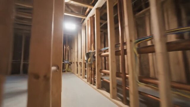 Intricate network of copper plumbing pipes and electrical wires within a wooden framework during construction