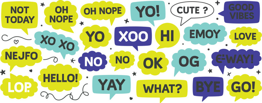 Collection of colorful speech bubbles with various short expressions and words for communication