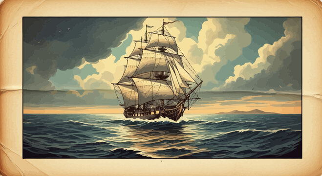 Majestic Tall Ship Sailing on Ocean Under Dramatic Cloudy Sky