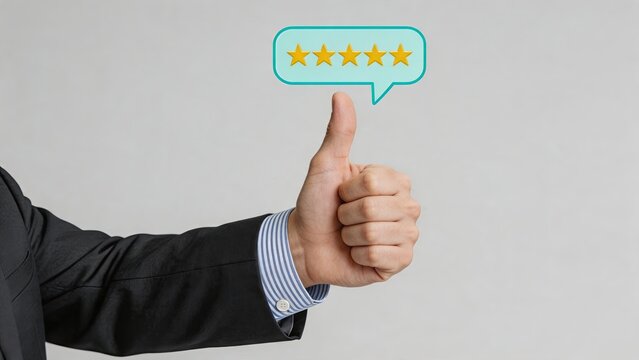 Businessman giving thumbs up with five star rating, customer satisfaction concept, positive feedback, service excellence, top quality review, client approval, success gesture,