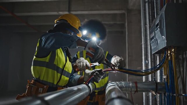 Electricians expertly install wires through conduits on a construction site, ensuring a safe and efficient electrical system.