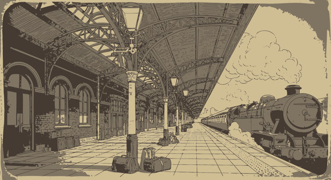 Vintage Train Station Platform with Steam Locomotive and Luggage