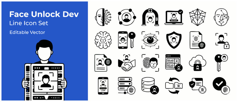 Facial recognition biometric security icons set for face unlock access and cyber database authorization, vector line graphic collection featuring digital scanner symbols for modern software protection