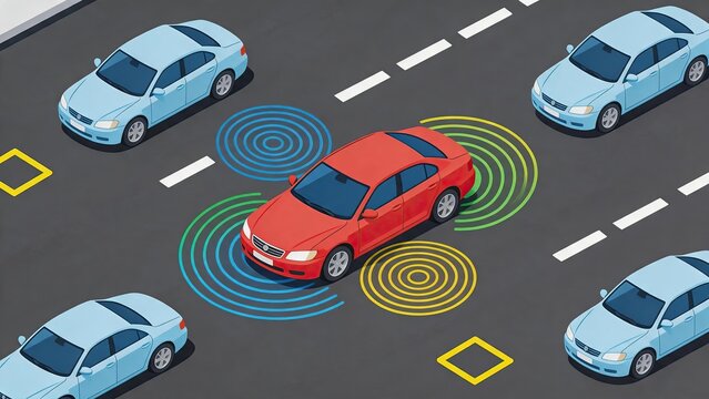 Isometric illustration of autonomous car with sensor waves detecting surrounding vehicles, self driving vehicle technology and smart transportation safety system concept for