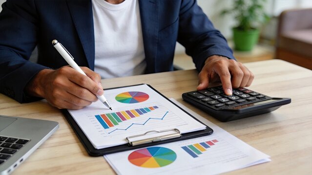 Close up of accountant analyzing financial charts and graphs, using calculator for budget planning, business report analysis, investment strategy review, tax preparation and data