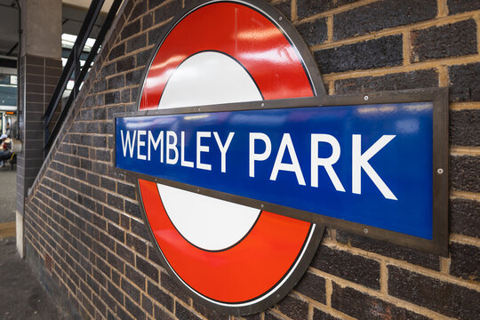 London Underground roundel sign at Wembley Park station. London, UK, 17 March 2023