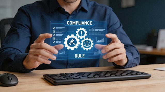 Corporate compliance and rule regulation concept with businessman holding virtual hologram interface showing legal gears and checklist, ensuring business ethics and regulatory