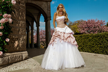 Fototapeta premium Stunning blonde fashion model in an extravagant white and pink ballgown posing outdoors under a bright blue sky with blooming spring blossoms and stone arches.