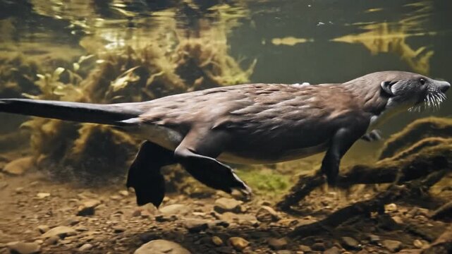 A brown platypus with webbed feet propels itself through murky water in its natural aquatic habitat