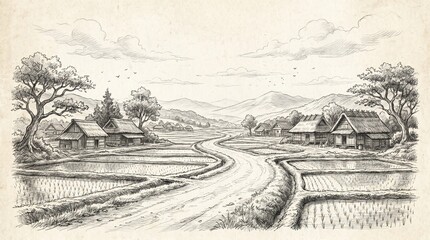 Fototapeta premium Peaceful Rural Countryside Road Sketch Illustration with Natural Village Landscape
