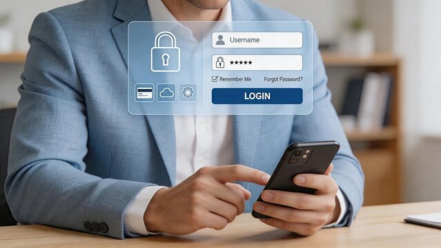 Businessman logging into secure mobile app, digital authentication concept with holographic interface overlay showing password entry and security lock icon on smartphone screen in