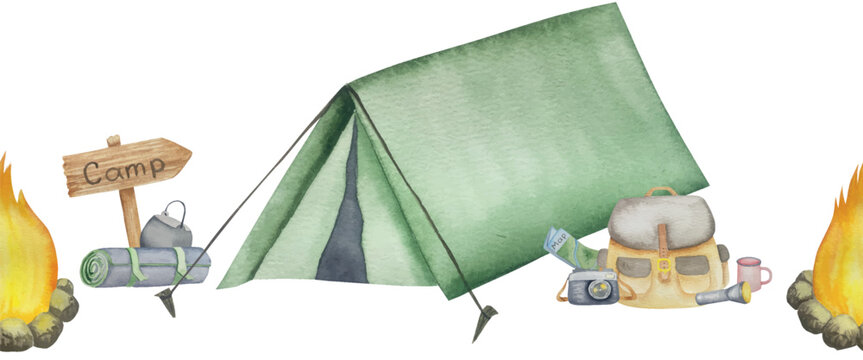 Camping elements watercolor hand drawn illustration. Travel clipart elements set isolated on white background. Road sign, travel map, compass, mug, camera. Concept for trip, journey, campsite design
