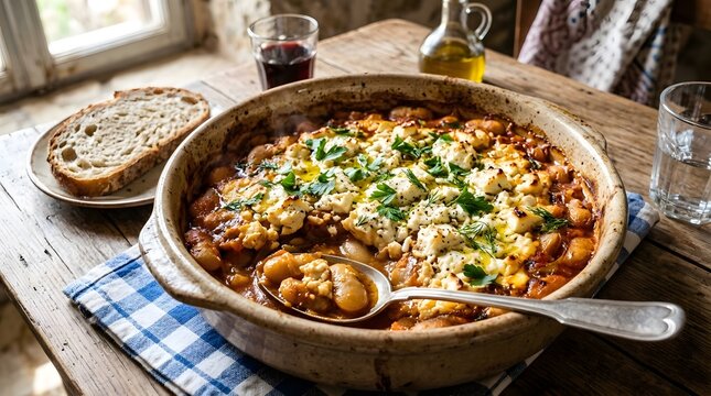 Delicious Baked Bean Casserole with Fresh Herbs and Crusty Bread on a Rustic Table.
