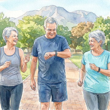 Healthcare ヘルスケア 208 Watercolor Illustration of Seniors Jogging on a Pathway with Mountains in the Background（山々を背景に遊歩道をジョギングするシニアグループの水彩画イラスト）