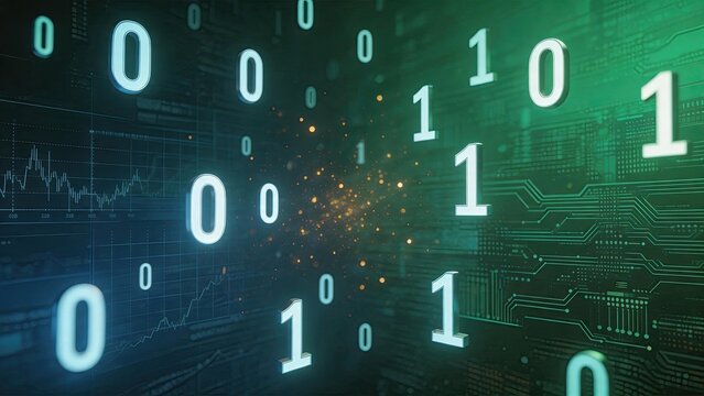 Digital binary code background with data stream, abstract technology concept featuring zeros and ones, circuit board pattern for cybersecurity and computing