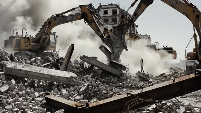 Excavators amidst billowing dust and debris during building demolition