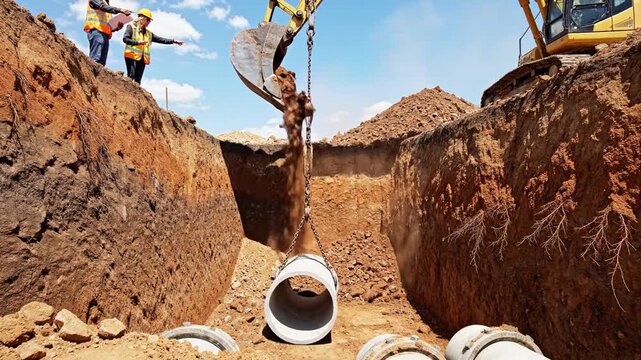 Excavator digging trench for underground utilities with workers overseeing installation of concrete pipes