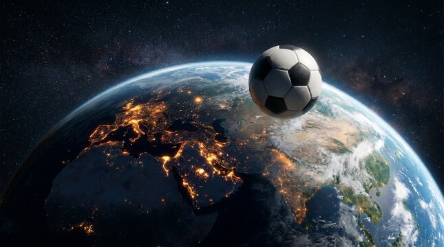 Football Floating Above Earth with Glowing Stadium Lights, Global Championship Concept