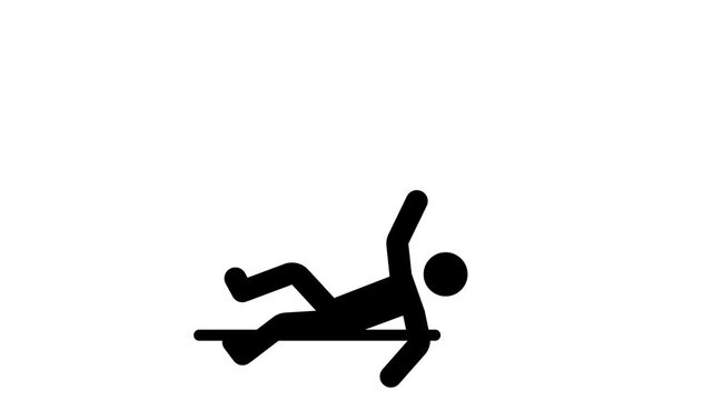 A black stick figure icon falling backwards on a horizontal line against a white background
