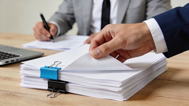 Corporate document signing process with stack of paperwork and contracts, business people reviewing legal forms and agreements on wooden desk, administrative and bureaucratic