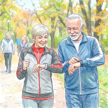 Healthcare ヘルスケア 209 Watercolor Illustration of a Senior Couple Checking Smartwatches while Jogging in an Autumn Park（秋の公園をジョギングしながらスマートウォッチを確認するシニア夫婦の水彩画イラスト）