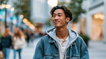 Fototapeta premium A candid Asian man walks softly through a bright shopping district wearing trend focused streetwear in natural daylight district walk open face urban location natural light