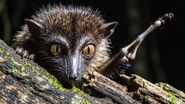 A curious aye-aye lemur with striking yellow eyes peeks from a mossy tree branch in the wild