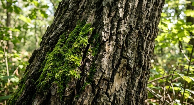 Close-up of Vibrant Green Moss Growing on Rough Tree Bark in a Sunlit Forest