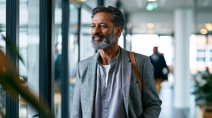 Fototapeta premium A mature Middle Eastern man over fifty walks softly through a bright office hallway wearing local tailoring in natural daylight hallway walk open face office location natural