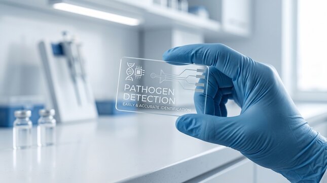 Scientist holding transparent pathogen detection microchip in modern laboratory setting with bright clinical lighting environment