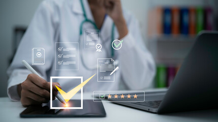 Fototapeta premium Healthcare quality assessment with patient satisfaction evaluation service performance review clinical compliance standards quality assurance feedback analysis and healthcare excellence management