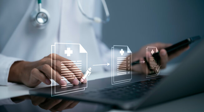 Electronic medical records workflow with digital healthcare documentation patient data management clinical records processing secure medical information and healthcare administration technology