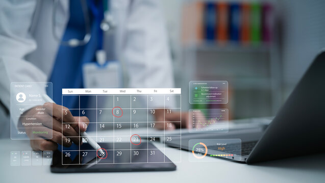 Healthcare appointment scheduling system with patient monitoring calendar telemedicine follow up planning medical analytics care coordination digital healthcare management and treatment tracking