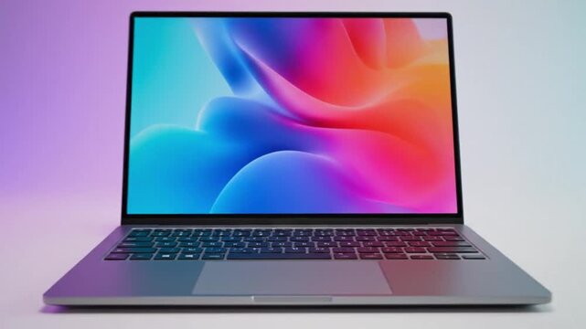 Modern laptop with vibrant abstract wallpaper on screen in a professional workspace